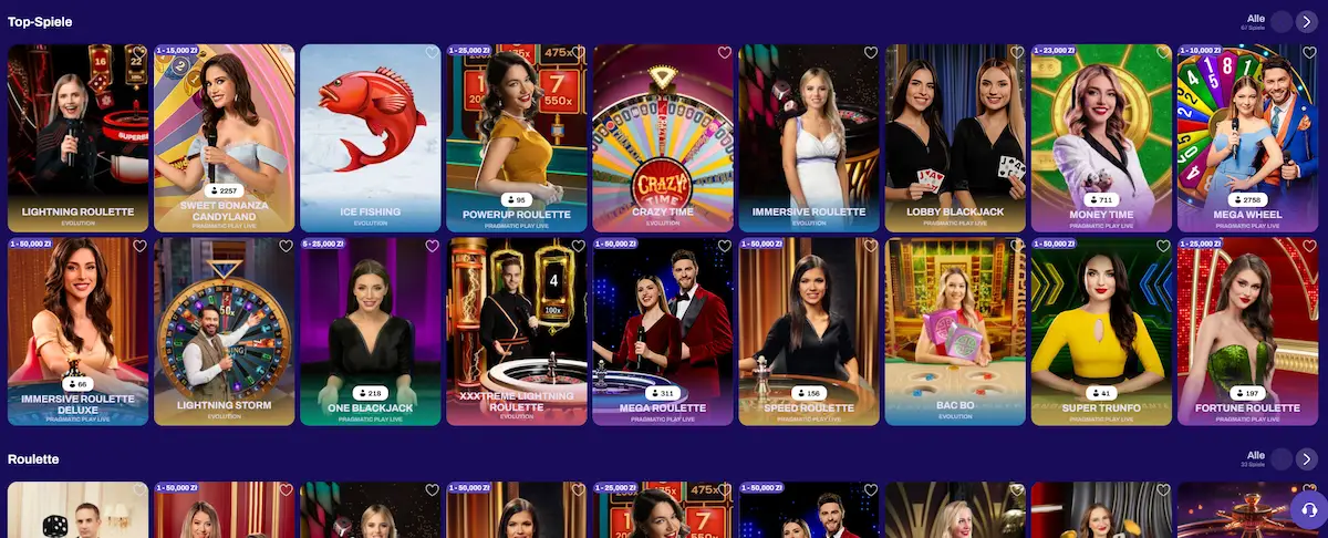 CandySpinz Live-Casino, Live-Dealer-Tische in HD